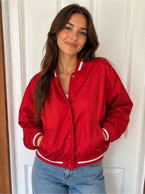 H&M Red Women’s Cropped Varsity Bomber Jacket with White Trim